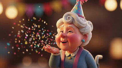 Joyful elderly woman celebrating birthday with confetti and party hat in