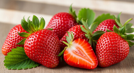 Luscious strawberries with vibrant red color and fresh leaves, delicious and tempting fruit for healthy eating