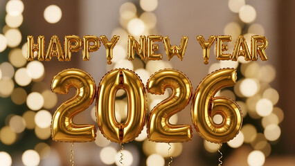 Photorealistic 8K image of elegant gold Happy New Year 2026 helium balloons floating with warm studio lighting, sparkling reflections, and soft blurred bokeh creating a festive celebration atmosphere