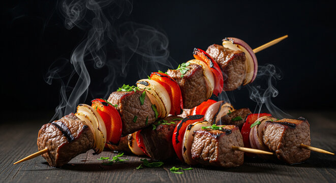 Grilled meat skewers with bell peppers and onions, perfect for summer barbecue or gourmet food presentation