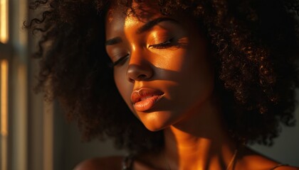 Fototapeta premium Glamour dark skinned young woman basks in golden sunlight. Curly hair frames her face as she closes her eyes. Natural makeup accentuates her beauty. Shadow and light play across skin.