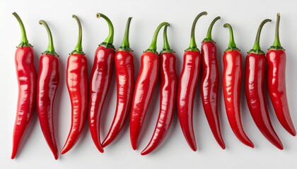 A clean, organized row of fresh, vibrant red chili peppers with glossy skin and green stems, isolated on a pure white background. Ideal for spicy food concepts, cooking ingredients, or Asian