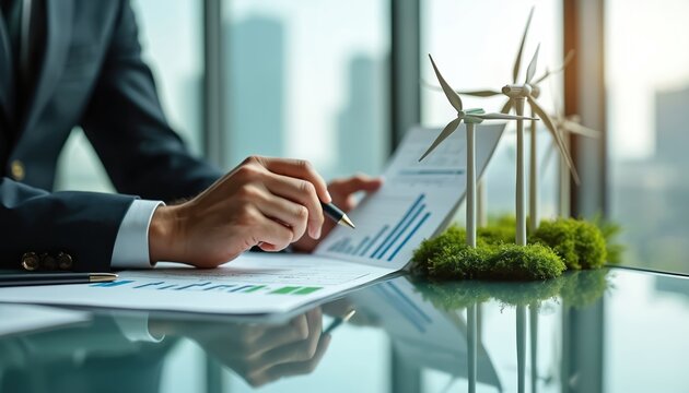 Businessman analyzes renewable energy investment data with wind turbine models on office desk. Manager in suit studies financial growth charts planning sustainable green business project. Analyst