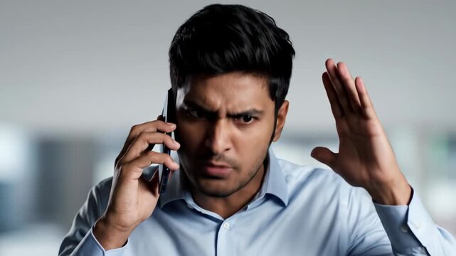 angry indian businessman shouting at smartphone in office. stressed male employee arguing during phone call. conflict, aggression and communication problem. business blog, presentation.