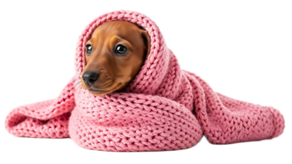 A dachshund puppy wrapped in a pink knitted scarf looking adorable on a black background studio shot