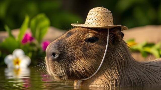 A capybara wearing a straw hat in the water surrounded by flowers and greenery in natural sunlight - Powered by Adobe