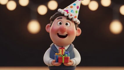 Festive cartoon character celebrating birthday with colorful presents and