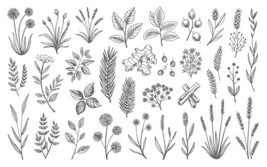 Fototapeta premium Collection of hand drawn botanical elements and herbs