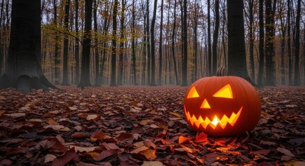 Spooky Jack-o'-lantern's glow illuminates an autumn forest scene, creating a Halloween atmosphere
