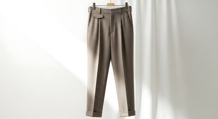 Elegant brown pleated trousers hanging on a clip hanger. Formal tailored wool slacks isolated on white background. Classic business menswear bottom garment.