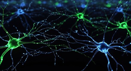 Vibrant blue and green abstract network of glowing neurons, representing connections and data flow. Dark background. Neuroscience and brain activity concept