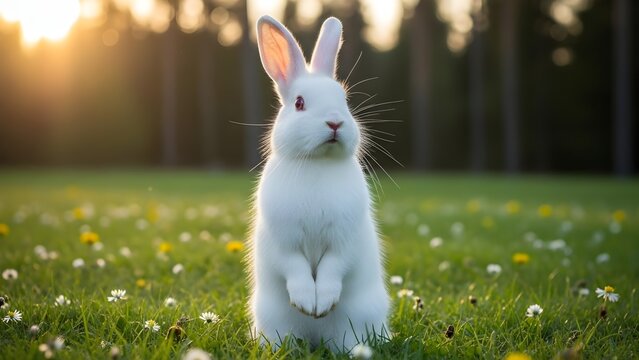 A white rabbit standing upright on a grassy field with dandelions in the soft evening light outdoors - Powered by Adobe