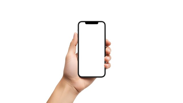 Using modern technology concept. Cropped close up photo of female student hand holding smart phone showing blank white screen isolated background