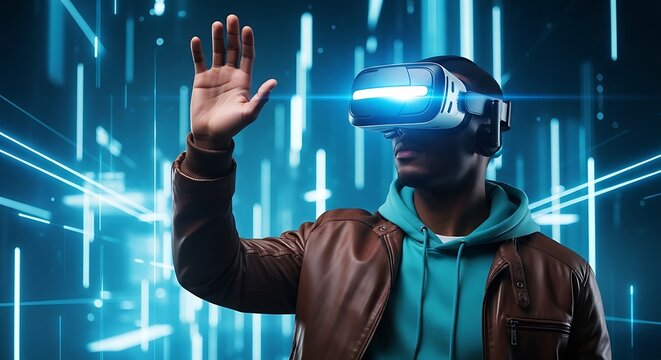 Man wearing a virtual reality headset and interacting with a futuristic digital interface - Powered by Adobe