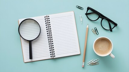 Top view photo of workplace planners pen binder clips magnifier glasses and cup of frothy coffee on isolated light blue background with copyspace