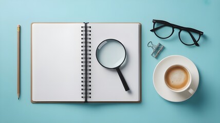 Top view photo of workplace planners pen binder clips magnifier glasses and cup of frothy coffee on isolated light blue background with copyspace