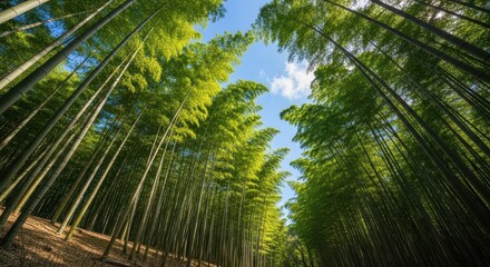 Serene Bamboo Grove: A Tranquil Pathway to the Heavens Under a Bright Sky