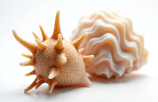 Two unique sea shells rest on clean white surface. Spiky orange gastropod shell in front. Wavy striped bivalve sits softly behind. Marine objects display ocean nature beauty. Exotic beach souvenirs
