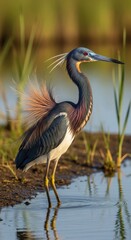 Majestic tricolored heron wading elegantly through shallow marsh waters serene wildlife scene