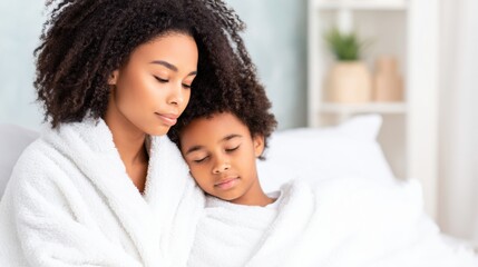 Obraz premium Mother and child relax together in cozy white robes at home