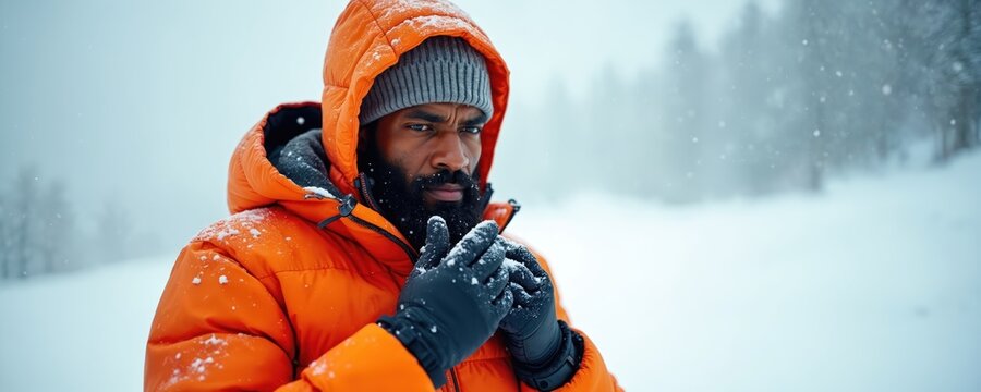 Man in orange puffer jacket and beanie adjusts gloves. Snow falls heavily around him in a winter forest landscape. He is cold and needs to stay warm.