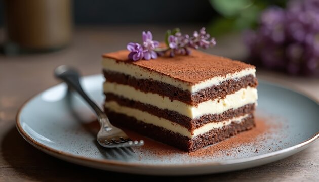 Slice of layered cake is on fancy plate near fork. Dessert consists of chocolate sponge cake and cream. Purple flowers are on top. Delicious sweets. Cake with cocoa powder.