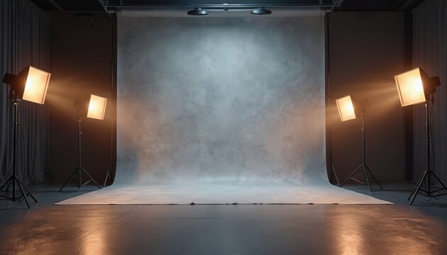 Pro photo studio with bright spotlights, empty backdrop. Cinematic lighting design. Interior space setup for photoshoot video production. Creative empty stage. Ready for model product shots.