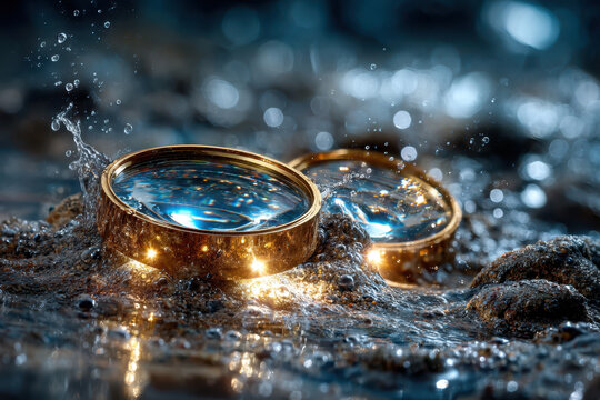 Golden lenses with water droplets on rocks - Powered by Adobe