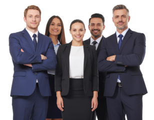 Group of multi-ethnic corporate office employees standing confidently in formal attire, isolated on a transparent background, PNG
