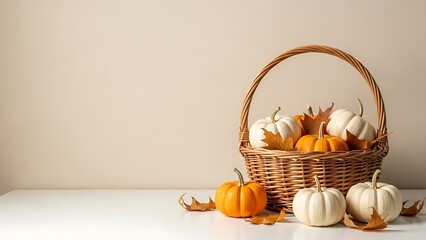 Autumn harvest display with white and orange pumpkins and leaves
