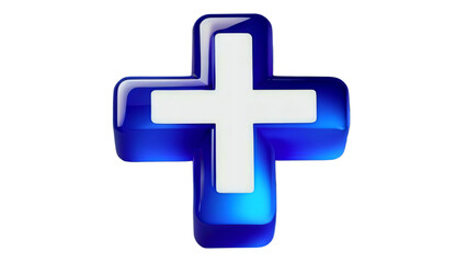 Obraz premium cross on blue background.Plus icon with soft glass effect, symbolizing add, increase, or create in modern UI applications, healthcare symbol medical cross, 3d rendering