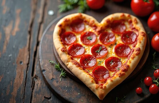 Heart shaped pepperoni pizza on dark wooden board. Pizza with melted cheese, pepperoni slices on wooden background. Fresh tomatoes, green herbs around pizza. Delicious Italian food for Valentine Day.