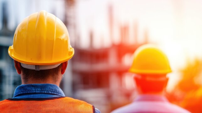 Construction workers observing project progress at sunset