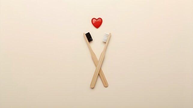 Valentines day concept. Top above close up view photo of two bamboo eco-friendly wooden toothbrushes with black and white bristle and red heart isolated beige background with empty blank space