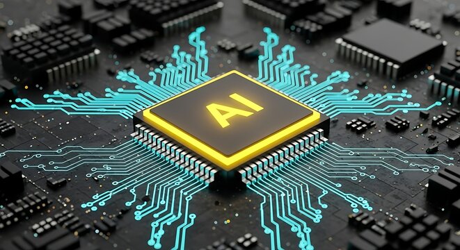 Closeup of a central ai chip on a circuit board, symbolizing artificial intelligence and advanced computing technology