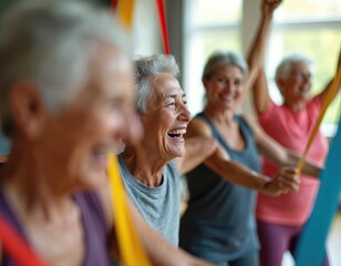 Fototapeta premium Group of mature women doing exercises with resistance bands. Smiling senior ladies in sportswear enjoy physical activity in fitness class. Healthy lifestyle and wellness concept for older adults.