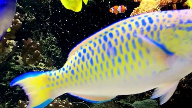 Yellow Tang with Reef Fish in Coral Aquarium