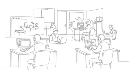 Fototapeta premium Line art illustration of an office with multiple people working on computers and laptops at desks in a collaborative workspace.