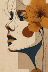 Stylized portrait sketch of young lady with large orange blossom and navy details on textured paper