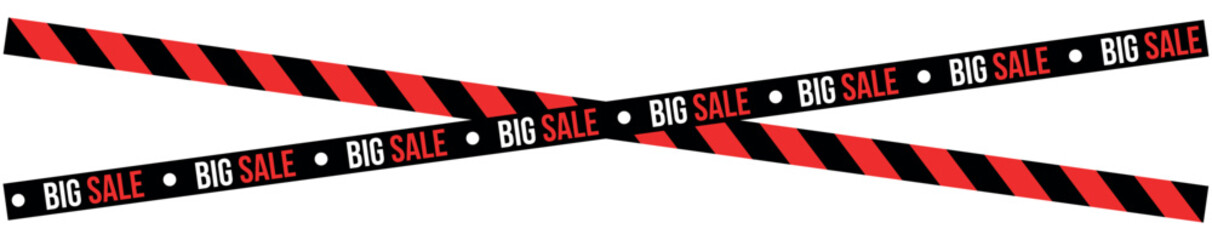 Two crossed big sale banners with red and black stripes on a white background for advertising purposes , ribbons, stripes, tape