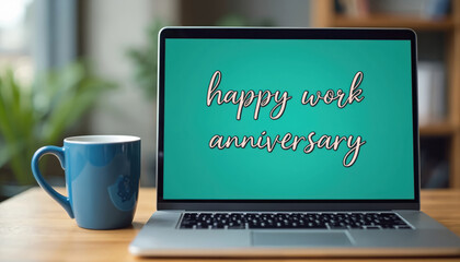 Laptop displays Happy Work Anniversary message. Blue mug on desk. Office background blurred. Congrats message for colleague, employee. Work celebration, company event, achievements, career goals.