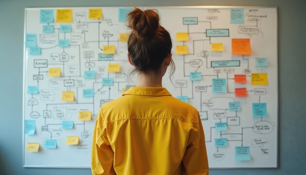 Woman looks at whiteboard with flowchart diagram. Sticky notes show complex process, ideas, decisions. Plans strategy, project, system architecture. Business concept, problem solving, innovation, - Powered by Adobe