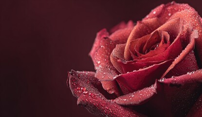 A close-up of a beautiful, red rose, covered in water droplets, against a deep red backdrop