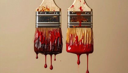 Two paintbrushes dripping with red paint, one with a darker, brownish hue