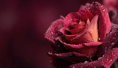 Close-up of a deep red rose with water droplets against a blurred, dark background