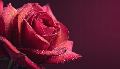 A close-up of a vibrant red rose, covered in water droplets, against a blurred background