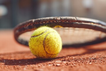 A yellow ball rests close to a racket on a clay court. Focus on the ball. Blurred background