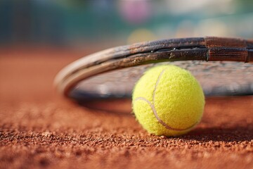 A close-up shot of a tennis ball resting on the clay court surface, with the racquet in the background