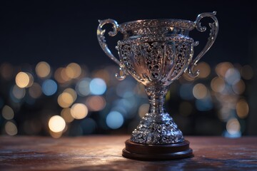 Ornate silver trophy on a wooden surface, with a blurred city skyline bokeh background