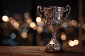 A silver trophy with decorative detailing sits on wood against a blurred city skyline